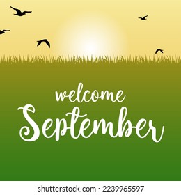 Texto de septiembre. Tipografía con letras manuales con hojas de otoño brillantes. Ilustración vectorial como afiche, postal, tarjeta de saludo, plantilla de invitación.