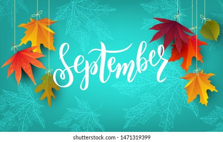 September text. Lettering typography. Vector illustration as poster, postcard, greeting card, invitation template. Concept September advertising