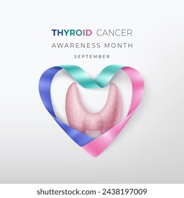 September are thyroid cancer awareness month. Realistic thyroid gland under turquoise, pink and blue heart shaped ribbon