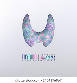 September are Thyroid cancer awareness month. Simple teal, pink and blue flowers under papercut thyroid gland