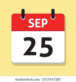 September Twenty-Fifth. Sep 25th. Daily Calendar in Flat Design Vector. Month. Date Icon. Time Concept. Day Illustration.