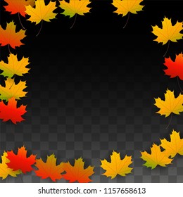 September Vector Background with Golden Falling Leaves. Autumn Illustration with Maple Red, Orange, Yellow Foliage. Isolated Leaf on Transparent Background. Bright Swirl. Suitable for Flyers.