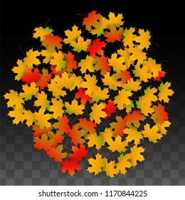 September Vector Background with Golden Falling Leaves. Autumn Illustration with Maple Red, Orange, Yellow Foliage. Isolated Leaf on Transparent Background. Bright Swirl. Suitable for Flyers.