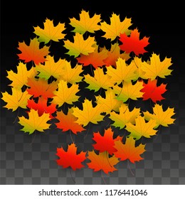 September Vector Background with Golden Falling Leaves. Autumn Illustration with Maple Red, Orange, Yellow Foliage. Isolated Leaf on Transparent Background. Bright Swirl. Suitable for Cards.