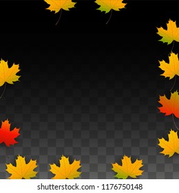 September Vector Background with Golden Falling Leaves. Autumn Illustration with Maple Red, Orange, Yellow Foliage. Isolated Leaf on Transparent Background. Bright Swirl. Suitable for Cards.