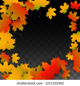 September Vector Background with Golden Falling Leaves. Autumn Illustration with Maple Red, Orange, Yellow Foliage. Isolated Leaf on Transparent Background. Bright Swirl. Suitable for Flyers.