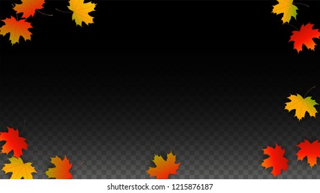 September Vector Background with Golden Falling Leaves. Autumn Illustration with Maple Red, Orange, Yellow Foliage. Isolated Leaf on Transparent Background. Bright Swirl. Suitable for Covers.