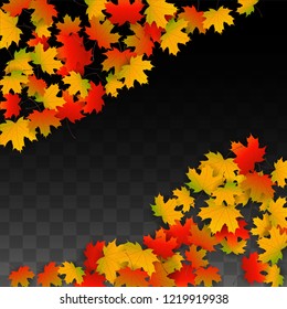 September Vector Background with Golden Falling Leaves. Autumn Illustration with Maple Red, Orange, Yellow Foliage. Isolated Leaf on Transparent Background. Bright Swirl. Suitable for Covers.