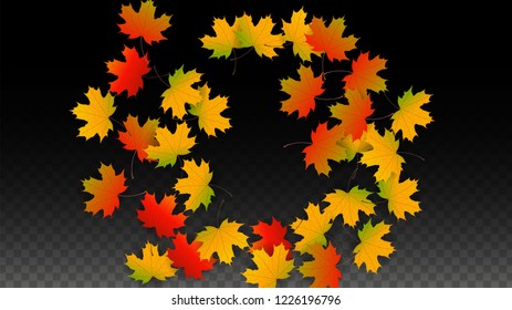 September Vector Background with Golden Falling Leaves. Autumn Illustration with Maple Red, Orange, Yellow Foliage. Isolated Leaf on Transparent Background. Bright Swirl. Suitable for Flyers.