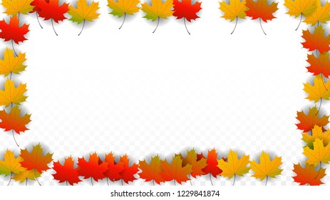 September Vector Background with Golden Falling Leaves. Autumn Illustration with Maple Red, Orange, Yellow Foliage. Isolated Leaf on Transparent Background. Bright Swirl. Suitable for Covers.