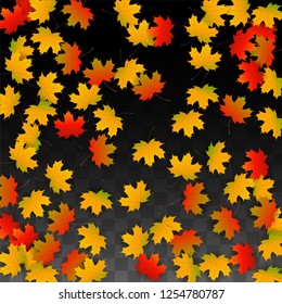 September Vector Background with Golden Falling Leaves. Autumn Illustration with Maple Red, Orange, Yellow Foliage. Isolated Leaf on Transparent Background. Bright Swirl. Suitable for Cards.