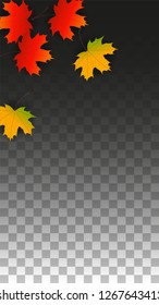 September Vector Background with Golden Falling Leaves. Autumn Illustration with Maple Red, Orange, Yellow Foliage. Isolated Leaf on Transparent Background. Bright Swirl. Suitable for Covers.