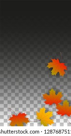 September Vector Background with Golden Falling Leaves. Autumn Illustration with Maple Red, Orange, Yellow Foliage. Isolated Leaf on Transparent Background. Bright Swirl. Suitable for Cards.