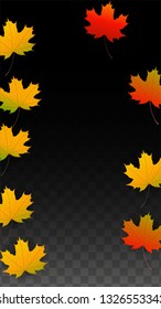 September Vector Background with Golden Falling Leaves. Autumn Illustration with Maple Red, Orange, Yellow Foliage. Isolated Leaf on Transparent Background. Bright Swirl. Suitable for Posters.