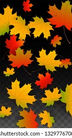 September Vector Background with Golden Falling Leaves. Autumn Illustration with Maple Red, Orange, Yellow Foliage. Isolated Leaf on Transparent Background. Bright Swirl. Suitable for Cards.