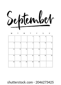 September. Vector Calendar 2022 Planner. US Letter size. Week starts on Monday. Hand drawn lettering. Minimalist black and white design.