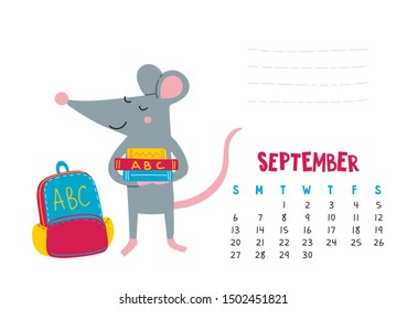 September. Vector calendar page with cute rat back to school - Chinese symbol of 2020 year. Editable template A5, A4, A3 size, can be printed and used as a desk, table, wall calender for plans