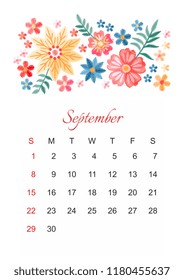 September. Vector calendar template for 2019 year with beautiful composition of embroidery flowers. Week start on sunday. 