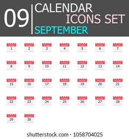 September Vector flat daily calendar icons set. Date and time, day, month. Holiday. Season.