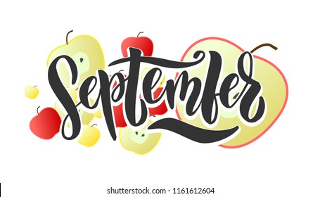 september. Vector hand drawn lettering with leafs for print, decor, textile. Welcome autumn banner.