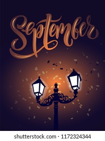 September - vector illustration with handdrawn lettering as poster, flyer, card, design element