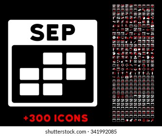 September vector pictogram with additional 300 date and time management icons. Style is bicolor flat symbols, red and white colors, rounded angles, black background.