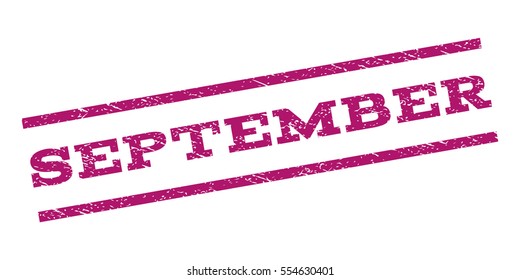 September watermark stamp. Text tag between parallel lines with grunge design style. Rubber seal stamp with scratched texture. Vector purple color ink imprint on a white background.
