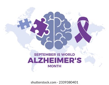 Septiembre es la ilustración vectorial del Mes Mundial del Alzheimer. Cinta de conciencia púrpura, cerebro humano y vector de ícono de pieza de rompecabezas. Persona con la enfermedad de Alzheimer dibujando. Símbolo de salud mental