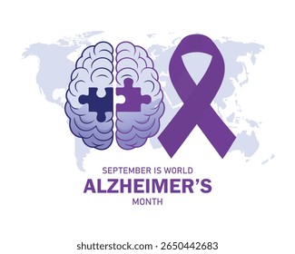 September is World Alzheimer's Month vector illustration. Purple awareness ribbon, human brain and puzzle piece icon vector. Person with Alzheimer's disease drawing. Mental health symbol 
