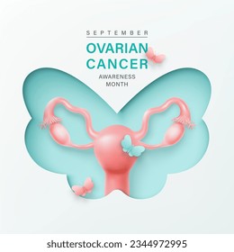 Septiembre es el mes mundial de concienciación sobre el cáncer de ovario. 3 d vector sistema reproductivo femenino dentro de la tarjeta de corte con forma simple de mariposa