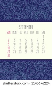 September year 2018 vector calendar over blue lacy floral doodle hand drawn background, week starting from Sunday.