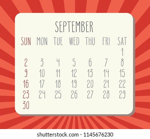 September year 2018 vector calendar. Hand drawn numbers, white planks over red rays background. Week starting from Sunday.