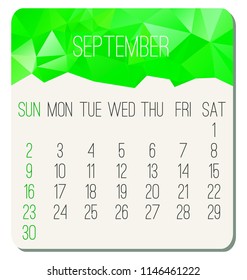September year 2018 vector calendar. Week starting from Sunday. Contemporary low poly design in green color.