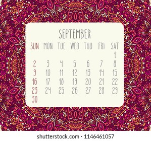 September year 2018 vector month calendar over lacy doodle hand drawn pink background, week starting from Sunday.