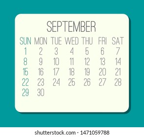 September year 2019 plain contemporary vector monthly calendar. Week starting from Sunday. Beige rounded rectangle over bright turquoise green background.