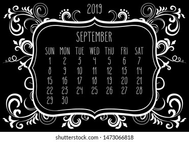 September year 2019 plain contemporary vector monthly calendar. Week starting from Sunday. Ornate elegant frame design in white over black background.