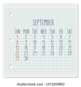 September year 2019 vector monthly calendar on a chequered notebook page. Week starting from Sunday. Hand written typography.
