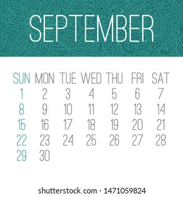 September year 2019 vector monthly calendar with doodle ornate hand drawn backdrop, week starting from Sunday. White and teal green design.