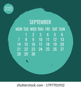September year 2020 contemporary vector monthly calendar. Hand drawn circle brush stroke teal design. Week starting from Monday.