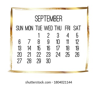 September year 2020 vector monthly modern calendar. Contemporary golden brush stroke frame design over white background. Week starting from Sunday.