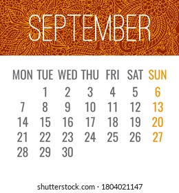 September year 2020 vector monthly calendar with lacy doodle ornate hand drawn design. Week starting from Monday.