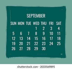 September 2021 Zeitgenössischer Vektor monatlicher Kalender. Handgezeichneter Pinselstrich weiches grünes Design. Woche ab Sonntag