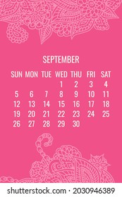 September year 2021 vector monthly calendar over lacy doodle ornate hand drawn floral pink background. Week starting from Sunday