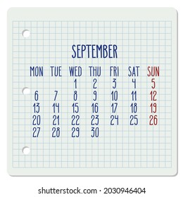 Calendario mensual vectorial de septiembre de 2021 en una página de cuaderno a cuadros. Semana a partir del lunes. Tipografía escrita a mano.