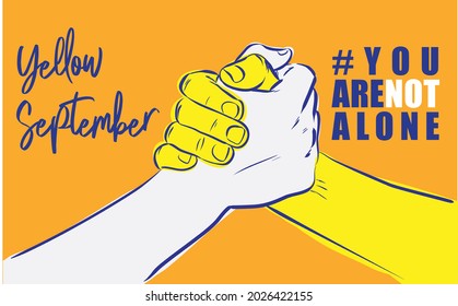 September yellow in blue letters with hashtag hands touch you're not alone and orange background