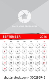 September.Calendar for 2016 Year. Vector Gears Design Print Template