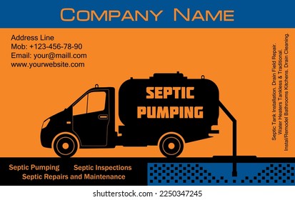 septic pumping machine with tank cleans the sewer manhole in the city or on the road. Vector flat illustration of a black truck with a sewer cistern as a city service concept. Business card