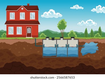 Septic tank diagram shows layout of chambers used for treating wastewater. Residential house with typical underground system. External network of private home sewage treatment system