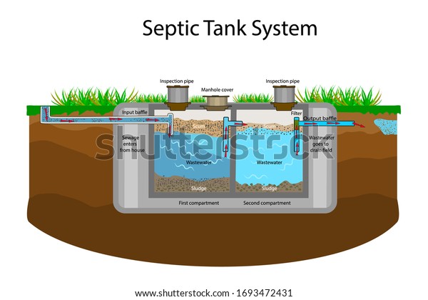 Septic Tank diagram. Septic system and drain field
scheme. An underground septic tank illustration. Infographic with
text descriptions of a Septic Tank. Domestic wastewater. Flat stock
vector EPS 10