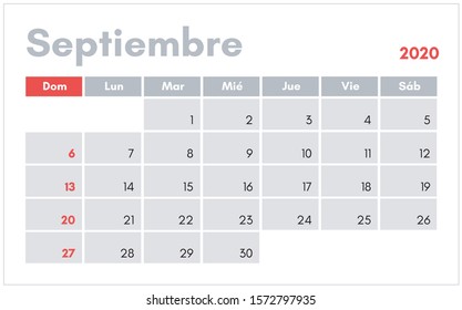 Septiembre 2020. Calendario en espanol (September 2020 calendar in spanish) vector illustration for prints, templates and banners.